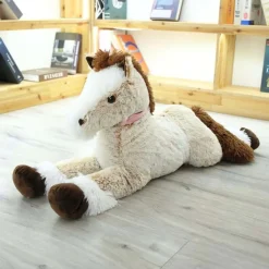 Peluche cheval marron blanc doux câlin enfant animaux