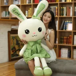 Peluche lapin géante robe verte douce câline enfant
