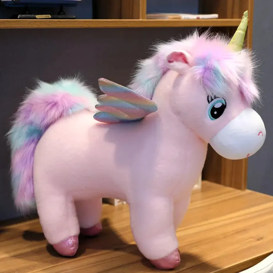 Peluche licorne arc-en-ciel rose avec ailes et corne dorée
