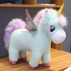 Peluche licorne arc-en-ciel bleu avec ailes et corne dorée