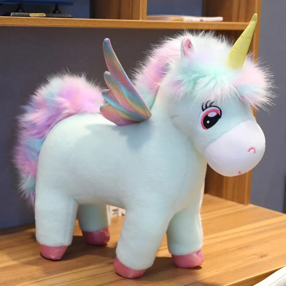 Peluche licorne arc-en-ciel bleu avec ailes et corne dorée